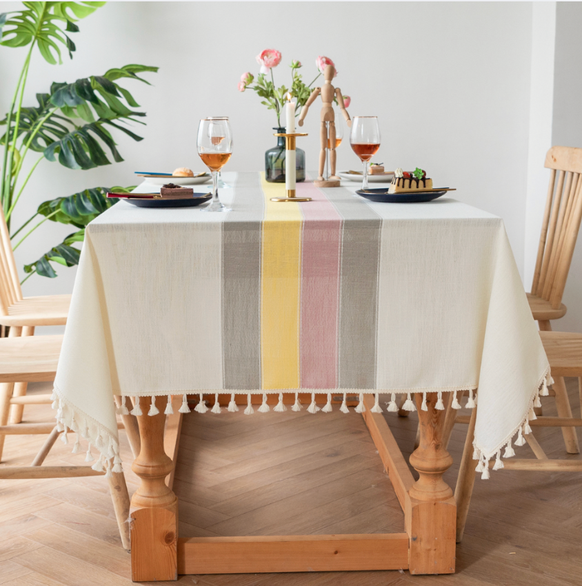 Modern Sage Cotton Linen Blend Tablecloth with Tassels – Minimal Decorative Dining & Coffee Table Cover