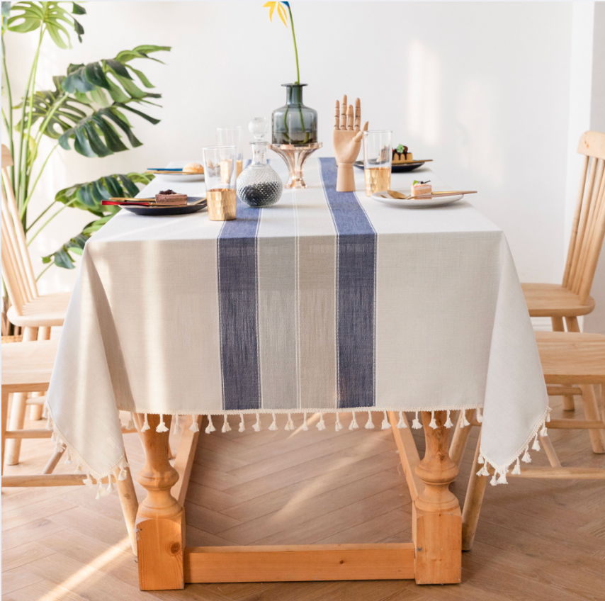 Modern Sage Cotton Linen Blend Tablecloth with Tassels – Minimal Decorative Dining & Coffee Table Cover