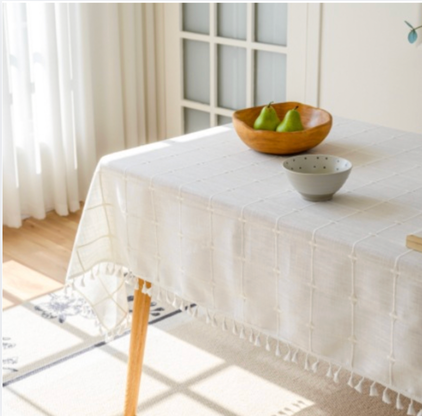 Modern Sage Cotton Linen Blend Tablecloth with Tassels – Minimal Decorative Dining & Coffee Table Cover