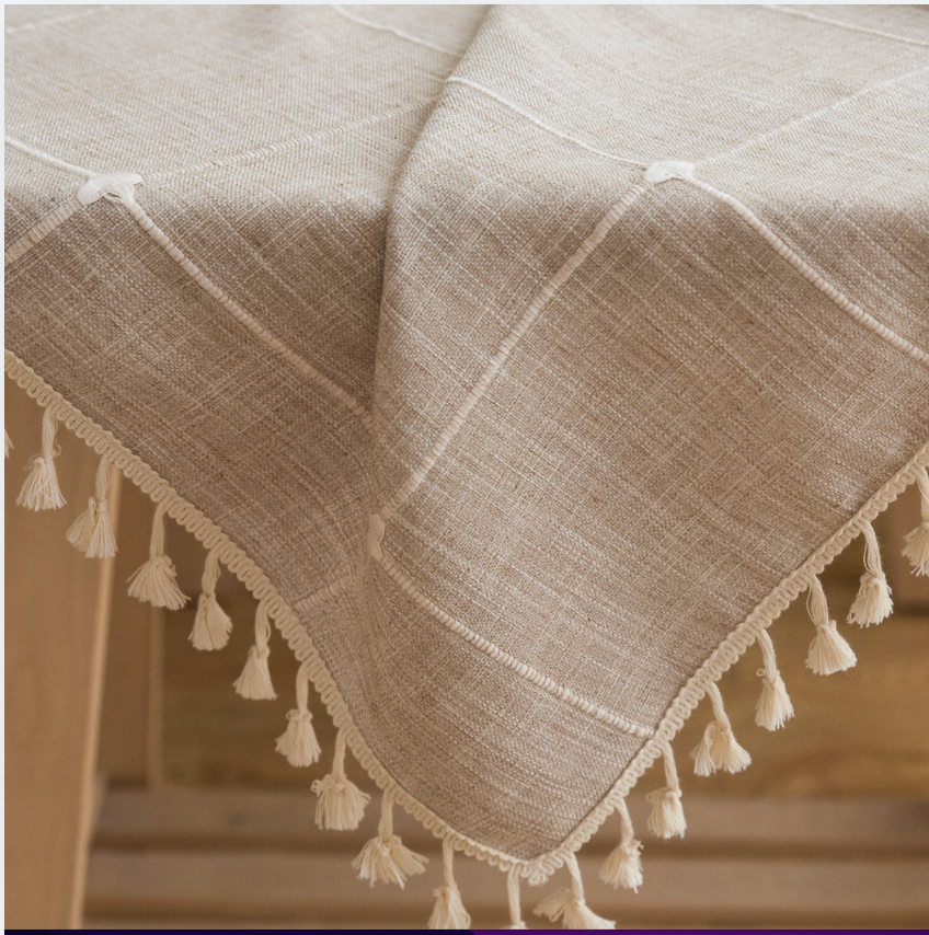Modern Sage Cotton Linen Blend Tablecloth with Tassels – Minimal Decorative Dining & Coffee Table Cover