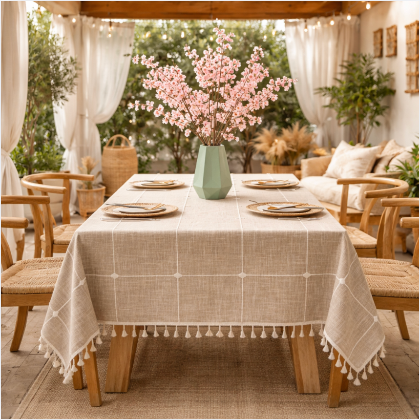 Modern Sage Cotton Linen Blend Tablecloth with Tassels – Minimal Decorative Dining & Coffee Table Cover