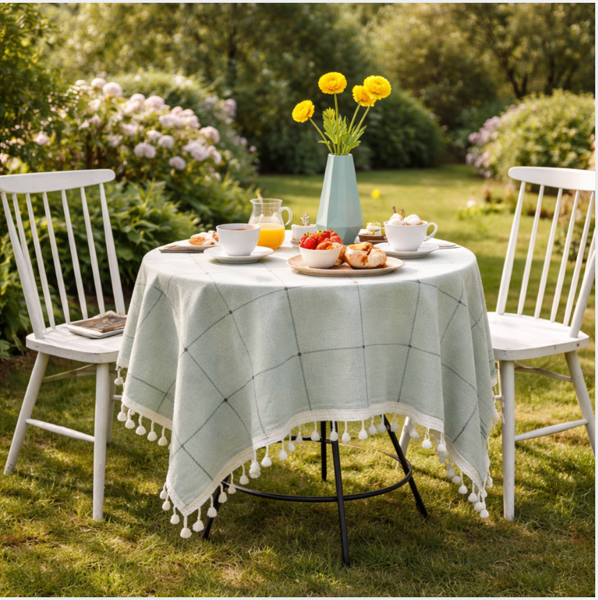 Modern Sage Cotton Linen Blend Tablecloth with Tassels – Minimal Decorative Dining & Coffee Table Cover