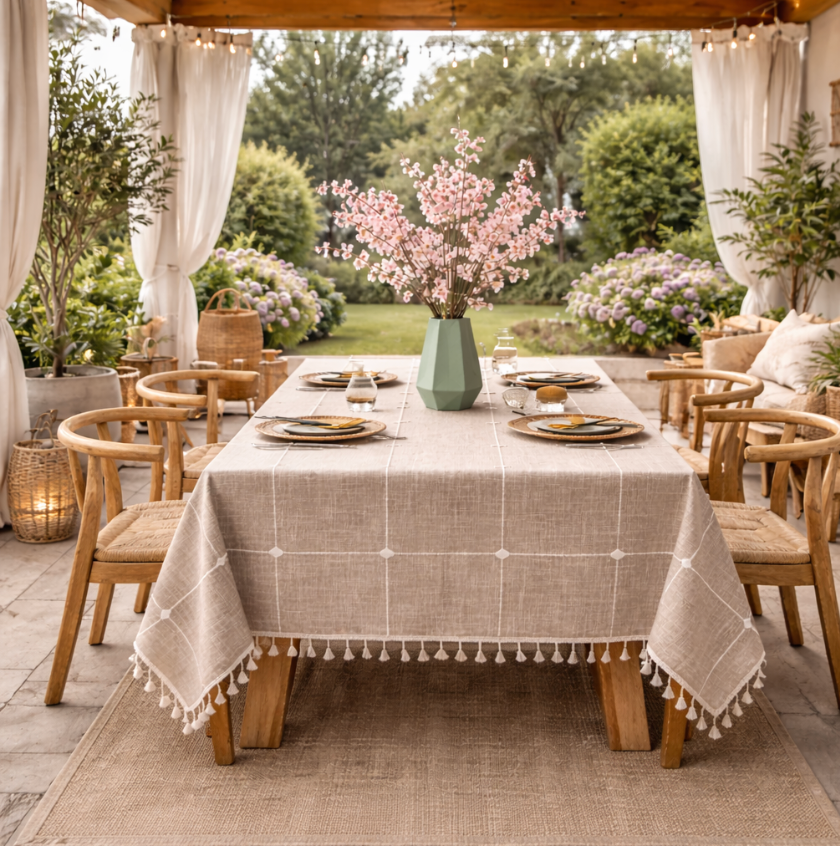 Modern Sage Cotton Linen Blend Tablecloth with Tassels – Minimal Decorative Dining & Coffee Table Cover