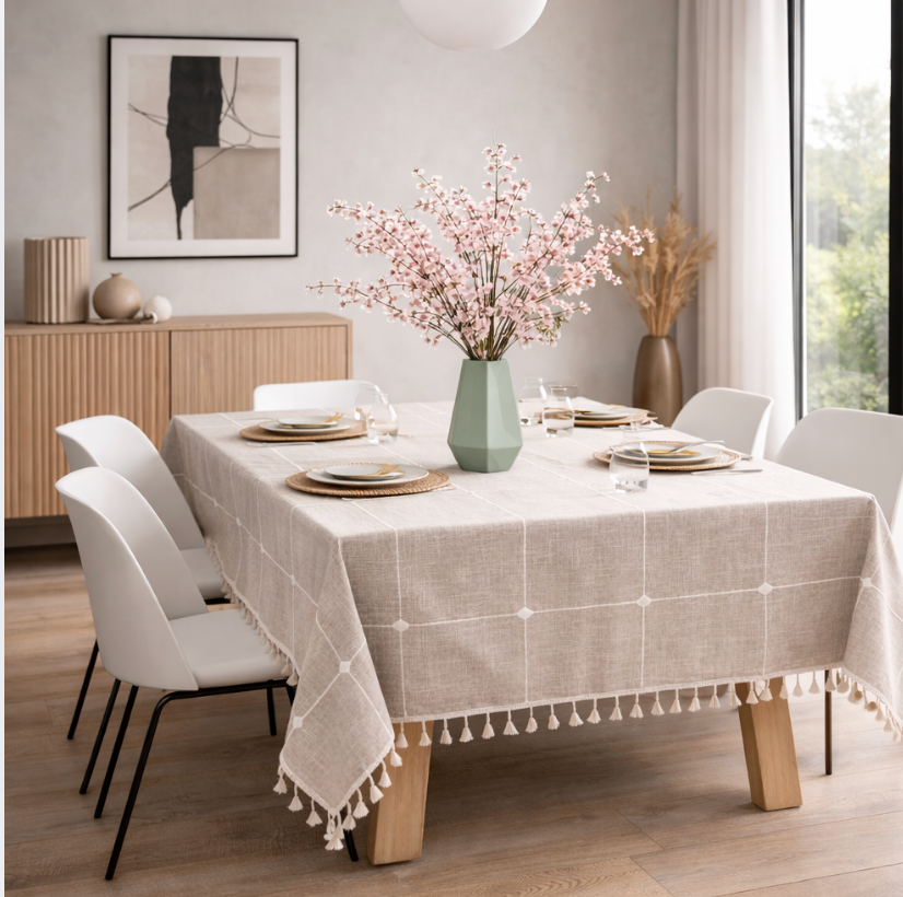 Modern Sage Cotton Linen Blend Tablecloth with Tassels – Minimal Decorative Dining & Coffee Table Cover