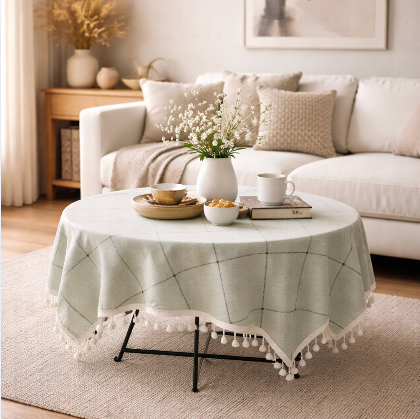 Modern Sage Cotton Linen Blend Tablecloth with Tassels – Minimal Decorative Dining & Coffee Table Cover