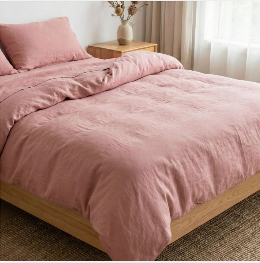 Premium Breathable French Linen Bedding Set - 4-Pice Natural Flax Duvet Cover,Flat Sheet, and Pillowcases Set