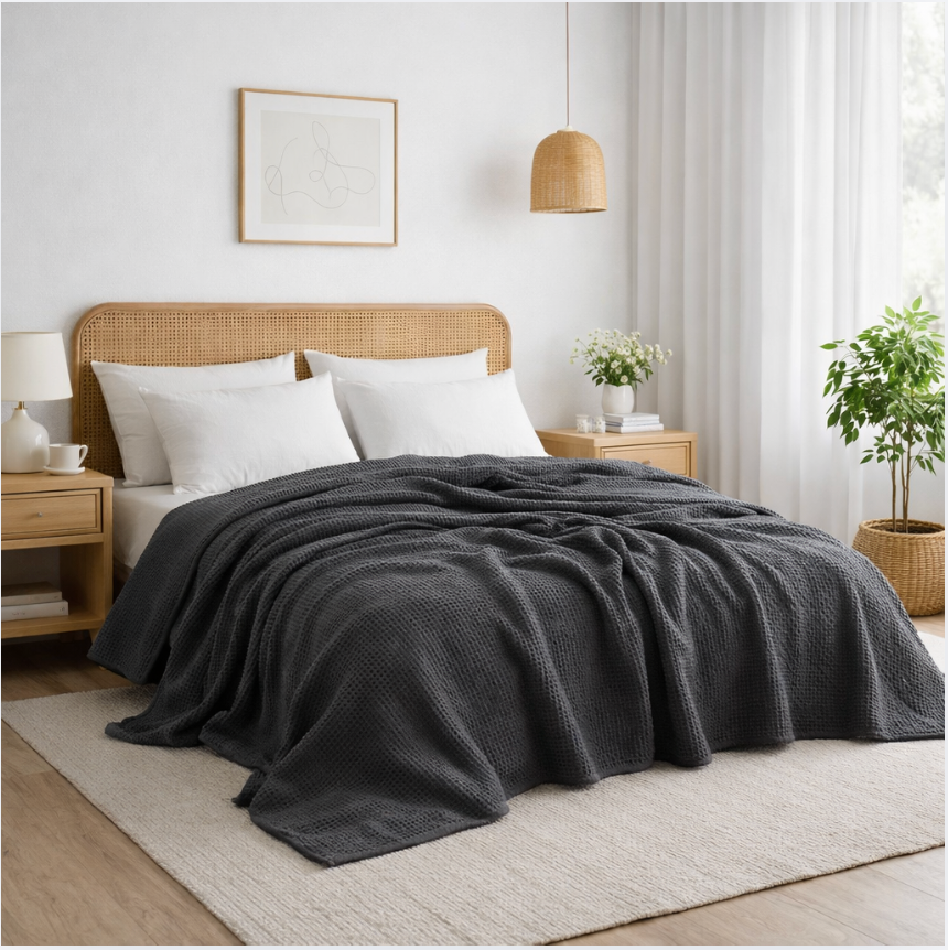 Waffle Cotton Blanket – Soft Breathable Bed Throw, Lightweight Summer Blanket for Sofa & Bedroom