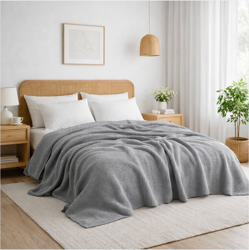 Waffle Cotton Blanket – Soft Breathable Bed Throw, Lightweight Summer Blanket for Sofa & Bedroom