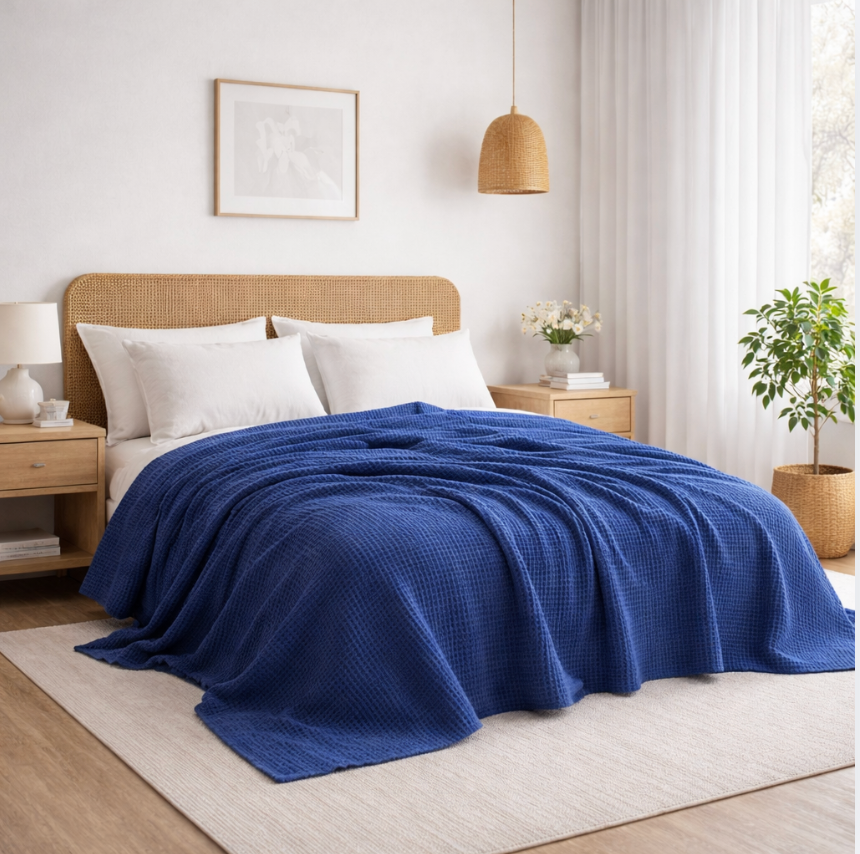 Waffle Cotton Blanket – Soft Breathable Bed Throw, Lightweight Summer Blanket for Sofa & Bedroom