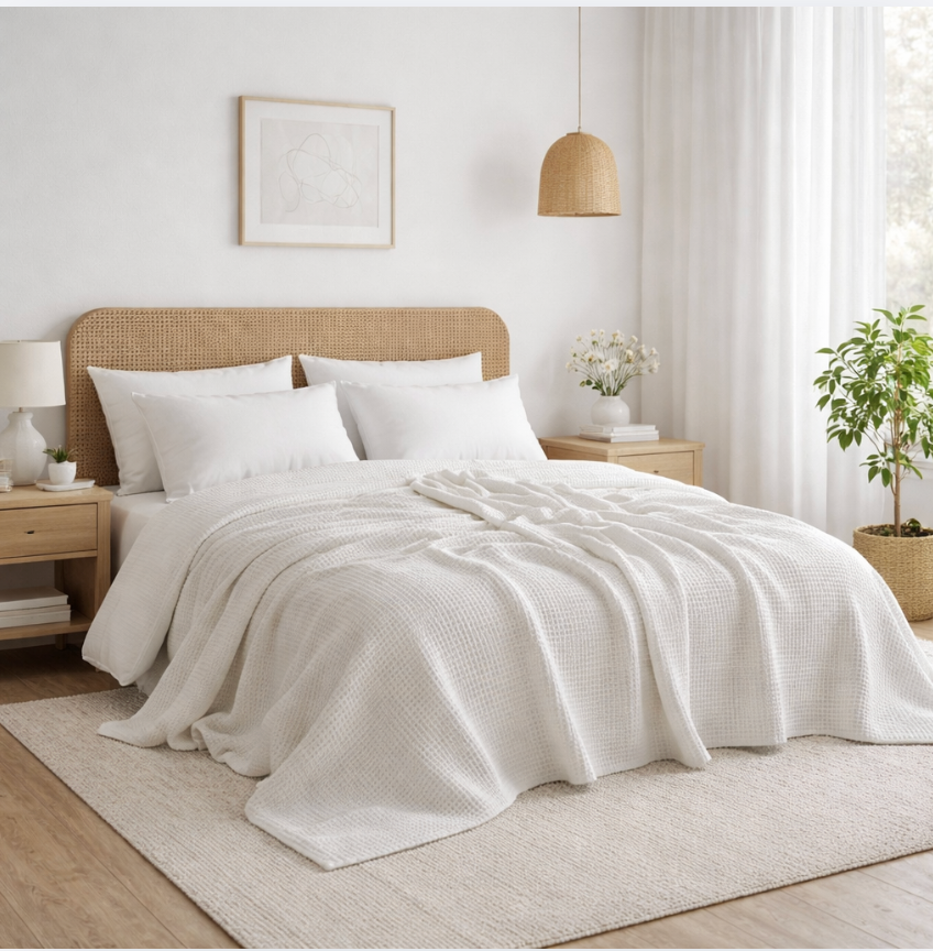 Waffle Cotton Blanket – Soft Breathable Bed Throw, Lightweight Summer Blanket for Sofa & Bedroom