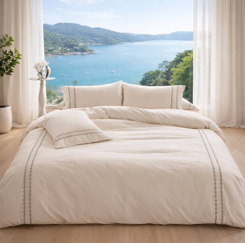 Elegant Linen Bedding Set with Embroidered Edges – Soft Natural Luxury Duvet Cover Set