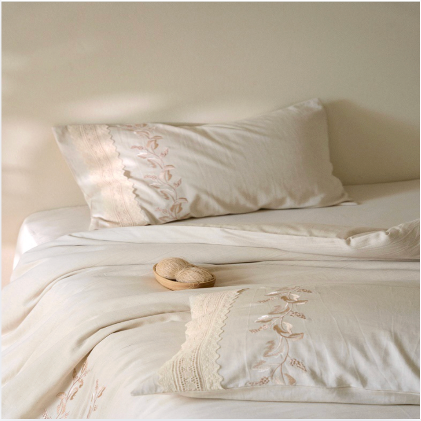 Cotton Linen Embroidered Bedding Set – Natural Breathable Bed Linen
