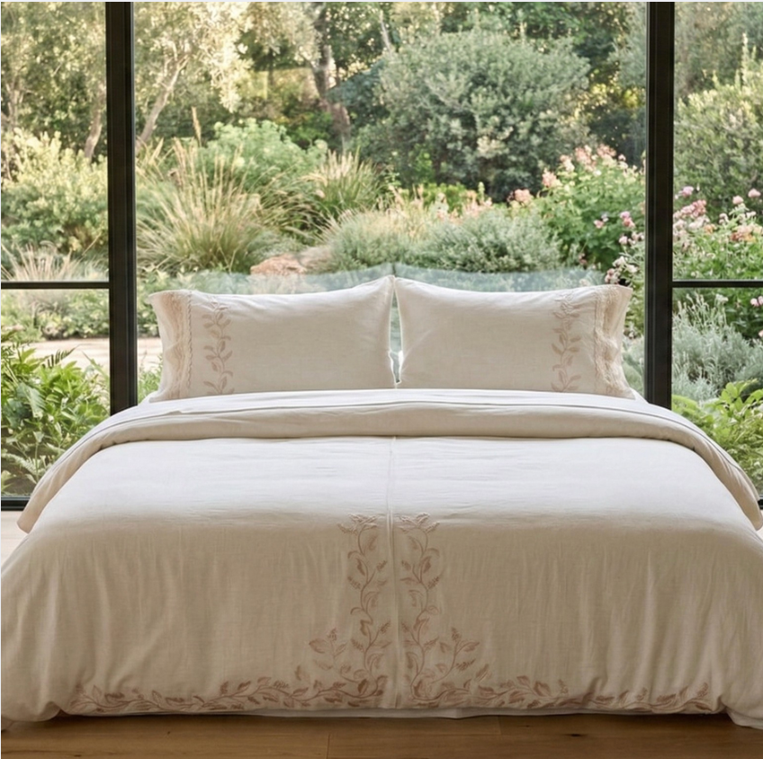 Cotton Linen Embroidered Bedding Set – Natural Breathable Bed Linen