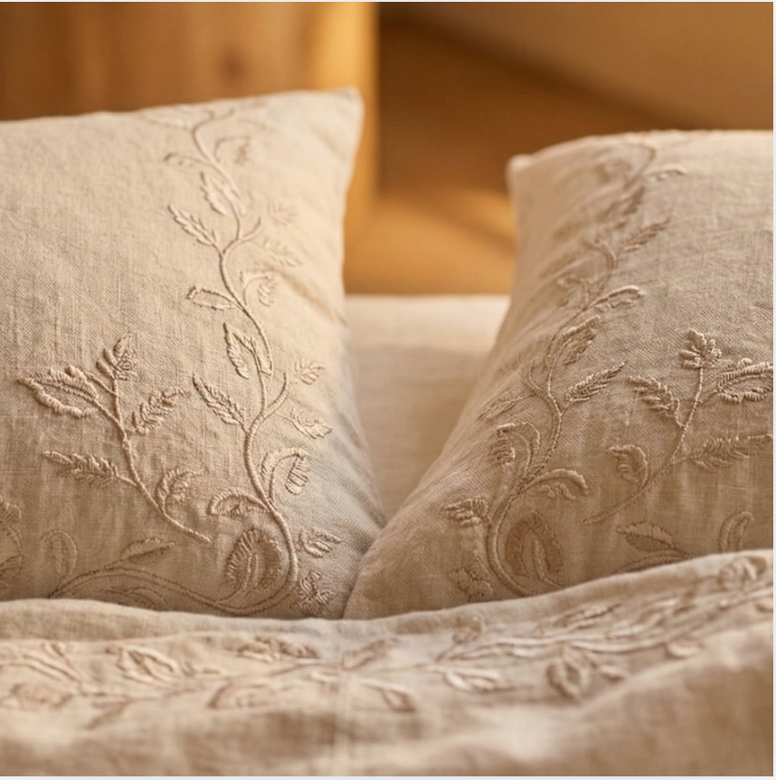 Cotton Linen Embroidered Bedding Set – Natural Breathable Bed Linen