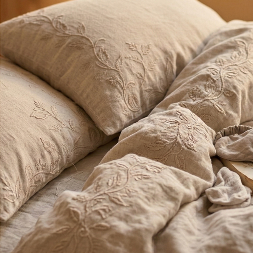 Cotton Linen Embroidered Bedding Set – Natural Breathable Bed Linen