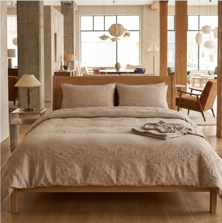 Cotton Linen Embroidered Bedding Set – Natural Breathable Bed Linen