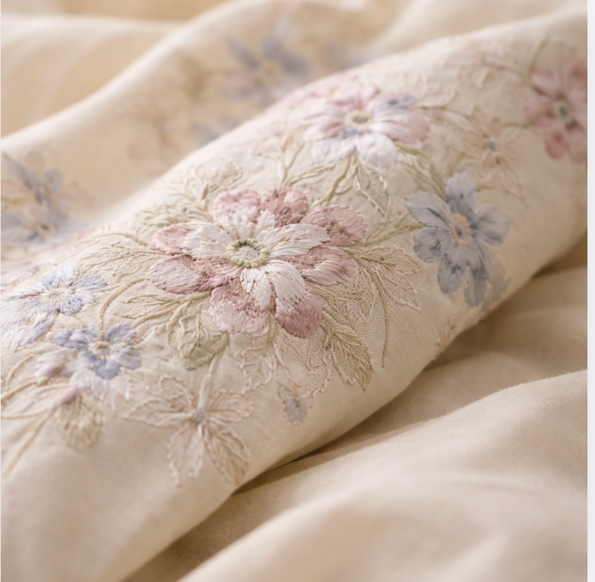 Floral Embroidered Cotton Duvet Cover Set - Elegant 4 Piece Bedding