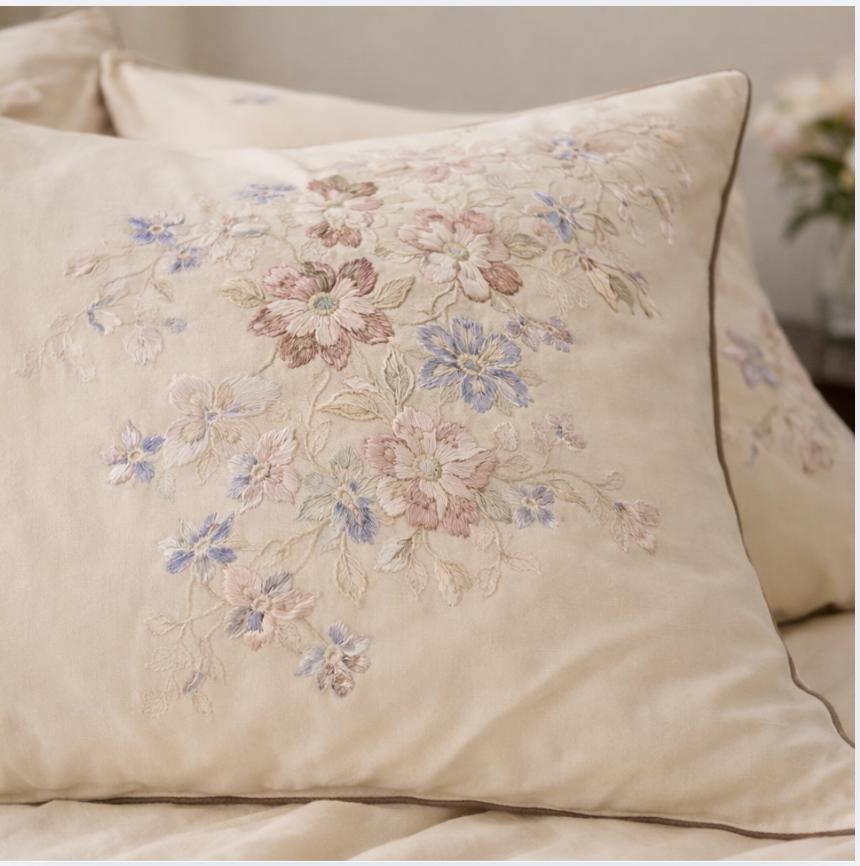 Floral Embroidered Cotton Duvet Cover Set - Elegant 4 Piece Bedding