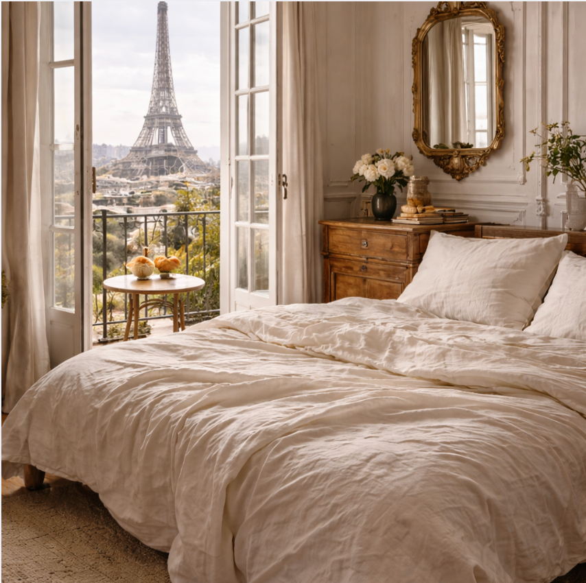 Premium Breathable French Linen Bedding Set - 4-Pice Natural Flax Duvet Cover,Flat Sheet, and Pillowcases Set