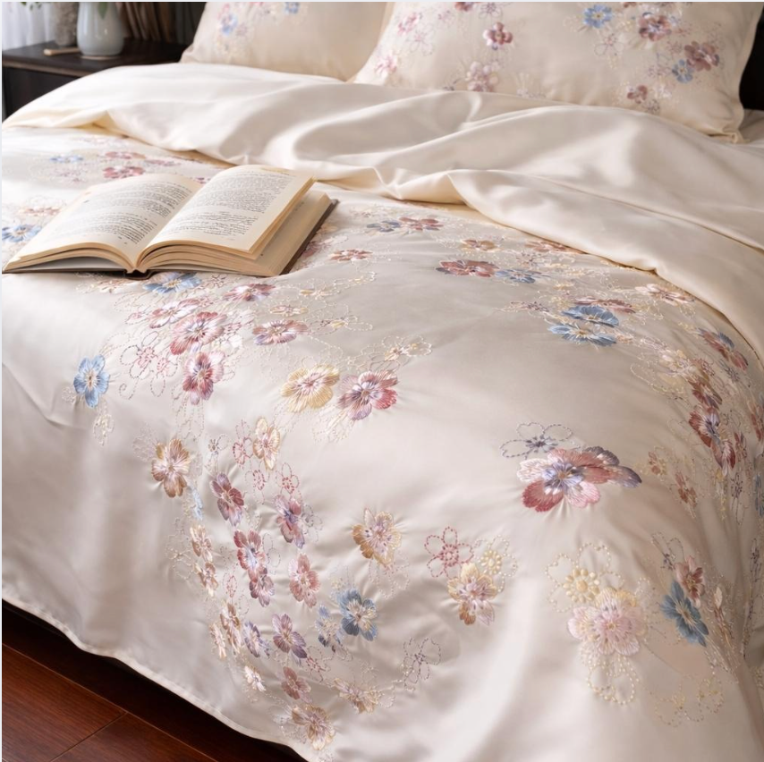 Floral Embroidered Cotton Duvet Cover Set - Elegant 4 Piece Bedding