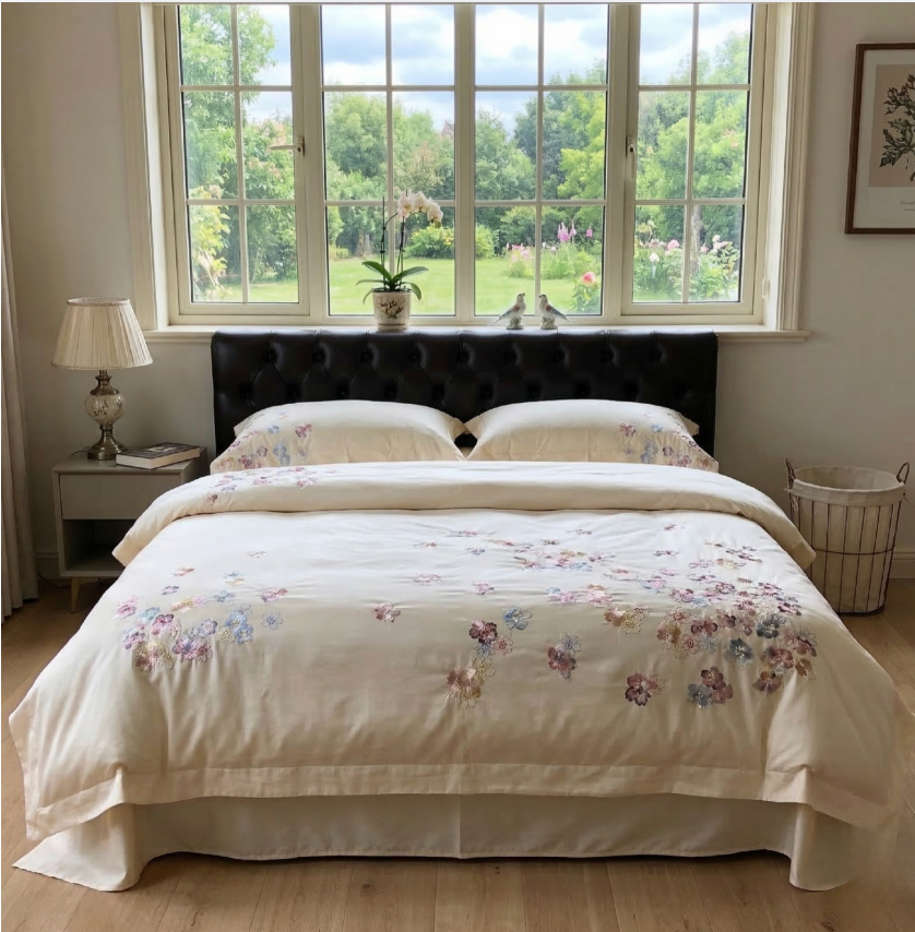 Floral Embroidered Cotton Duvet Cover Set - Elegant 4 Piece Bedding