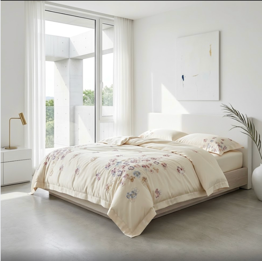 Floral Embroidered Cotton Duvet Cover Set - Elegant 4 Piece Bedding