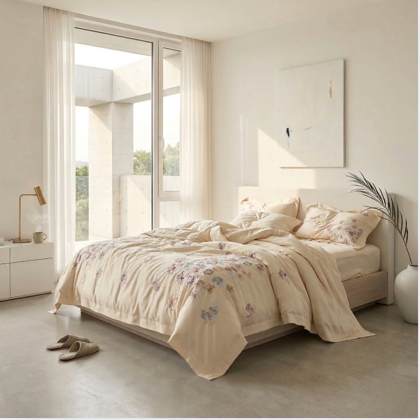 Floral Embroidered Cotton Duvet Cover Set - Elegant 4 Piece Bedding
