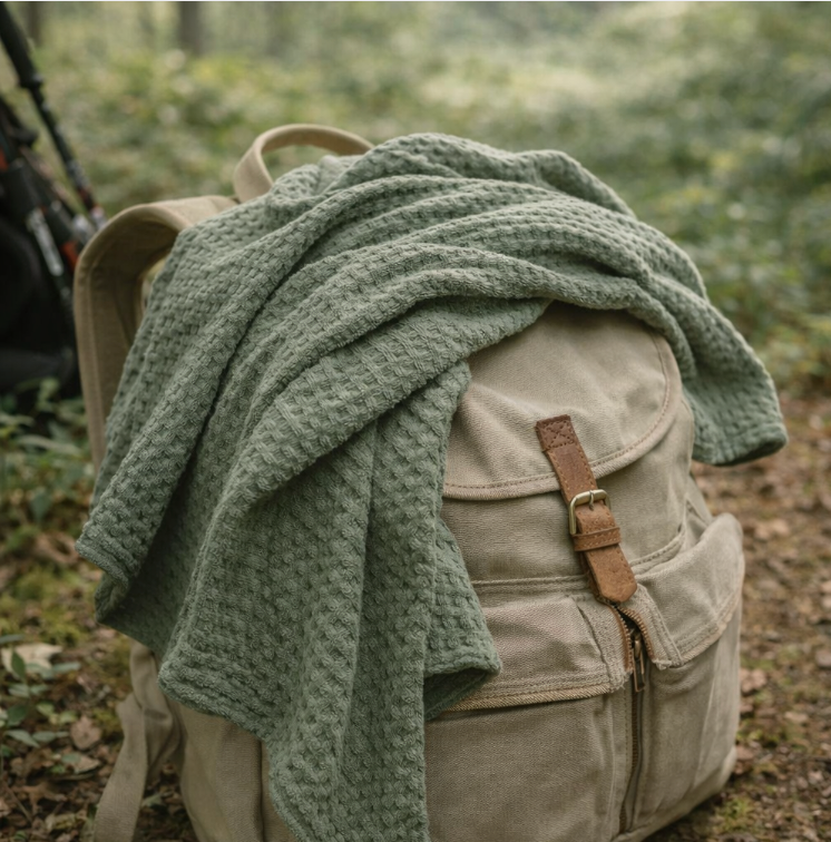 Sage Green Cotton Waffle Blanket - Lightweight Summer Bed Throw