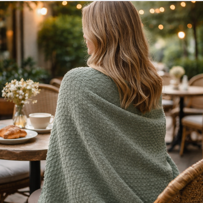 Sage Green Cotton Waffle Blanket - Lightweight Summer Bed Throw