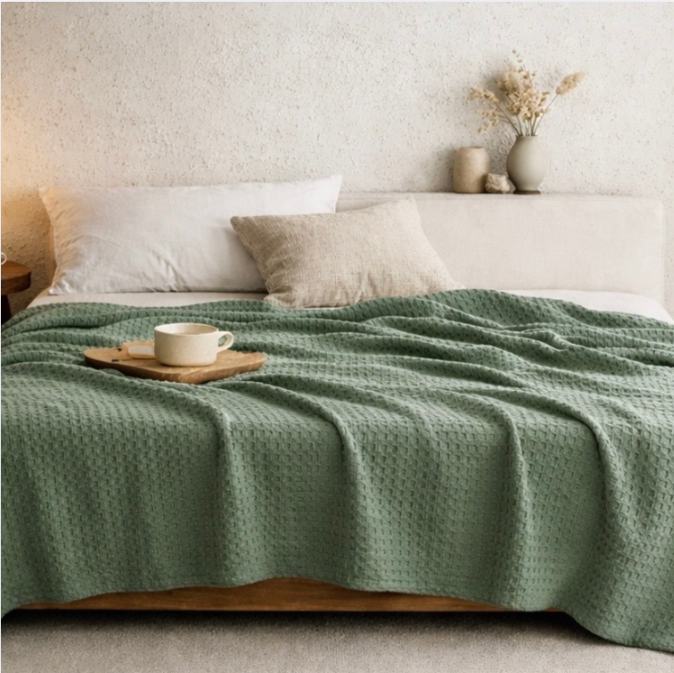 Sage Green Cotton Waffle Blanket - Lightweight Summer Bed Throw