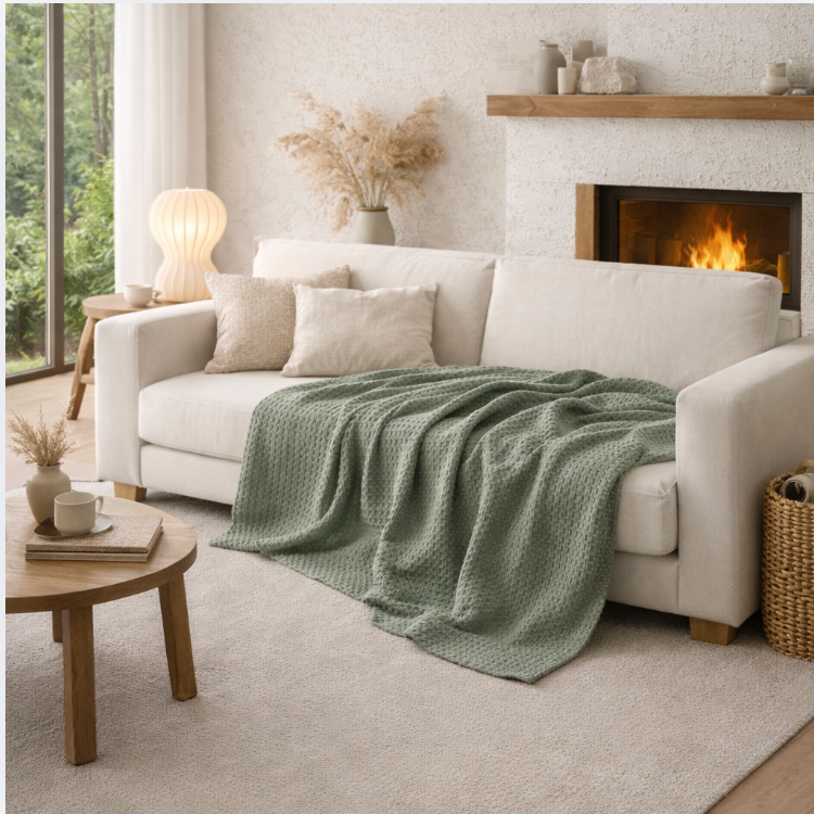 Sage Green Cotton Waffle Blanket - Lightweight Summer Bed Throw