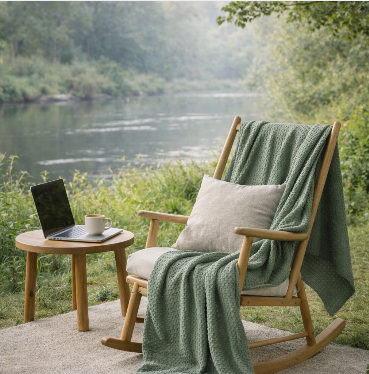 Sage Green Cotton Waffle Blanket - Lightweight Summer Bed Throw