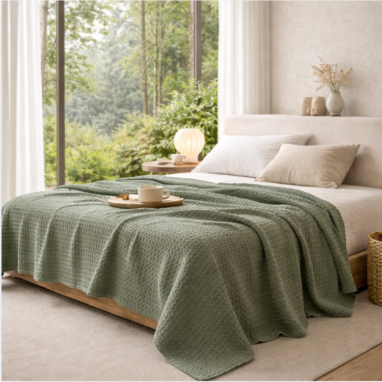 Sage Green Cotton Waffle Blanket - Lightweight Summer Bed Throw