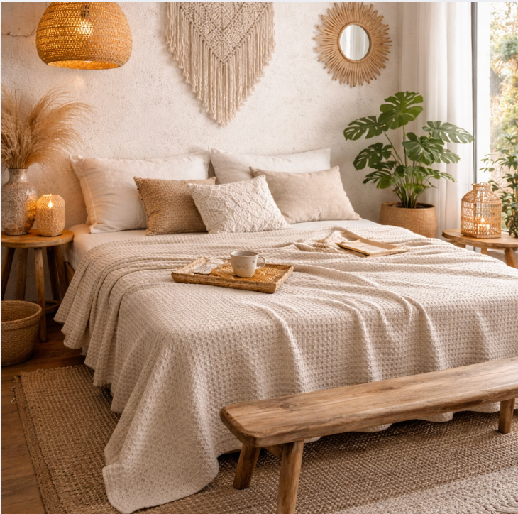 Sage Green Cotton Waffle Blanket - Lightweight Summer Bed Throw