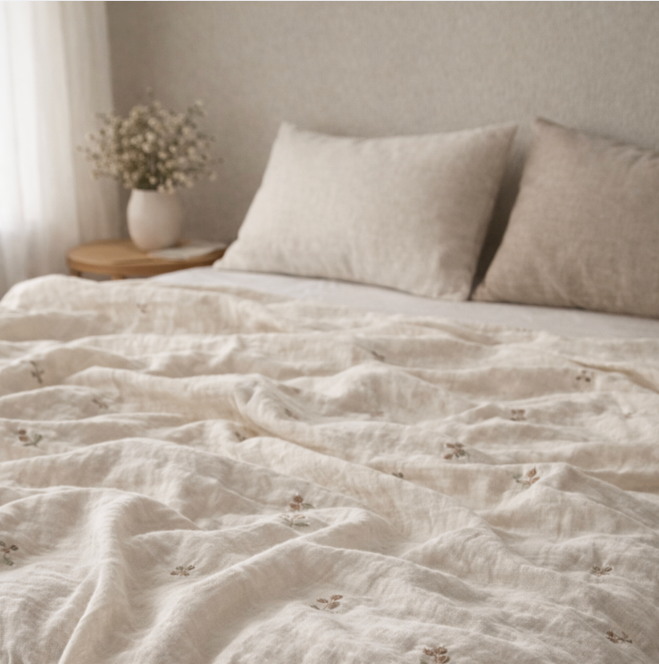 Embroidered Cotton Gauze Summer Quilt – Soft Breathable Floral Bedding