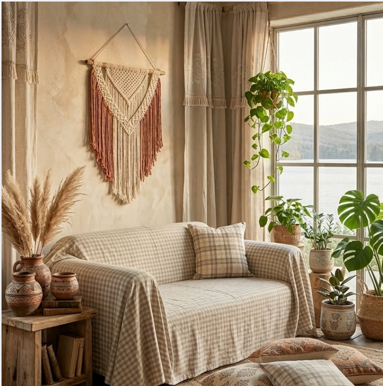Linen Sofa Cover Throw – Boho Couch Cover Blanket for Living Room