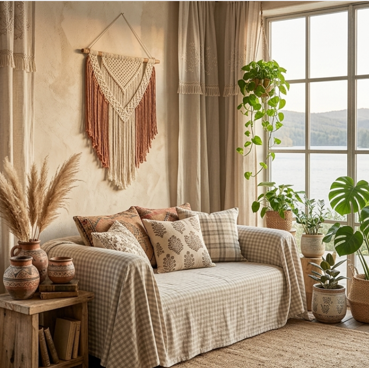 Linen Sofa Cover Throw – Boho Couch Cover Blanket for Living Room