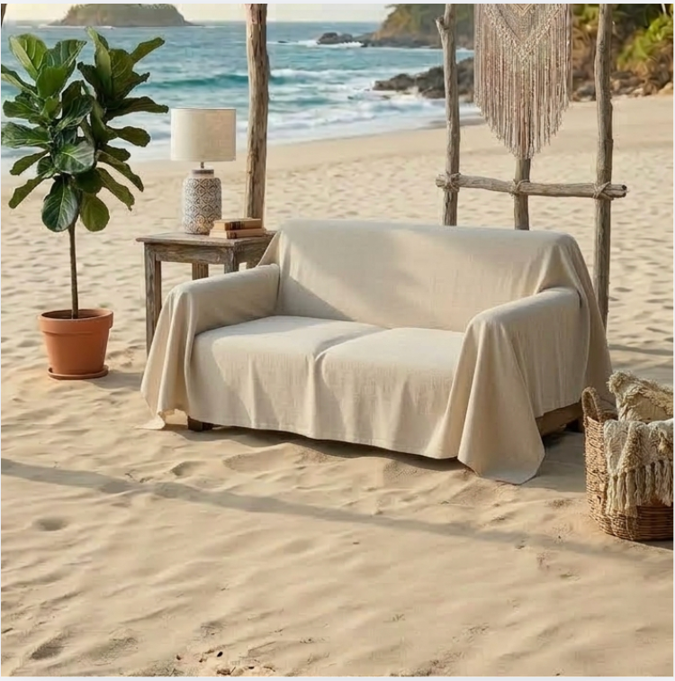 Linen Sofa Cover Throw – Boho Couch Cover Blanket for Living Room