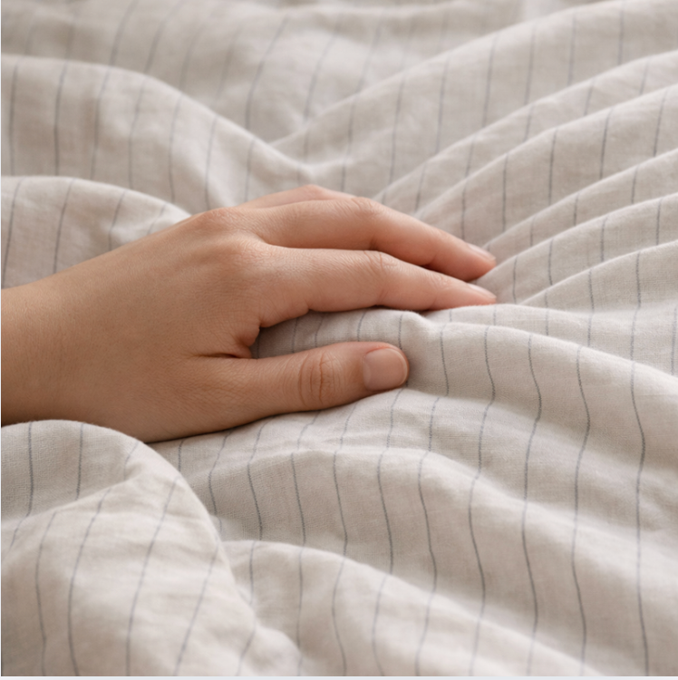 Warm Beige Striped Cotton Bedding Set/ Minimalist Pinstripe Duvet Cover Set/ Modern Neutral Bed Linen