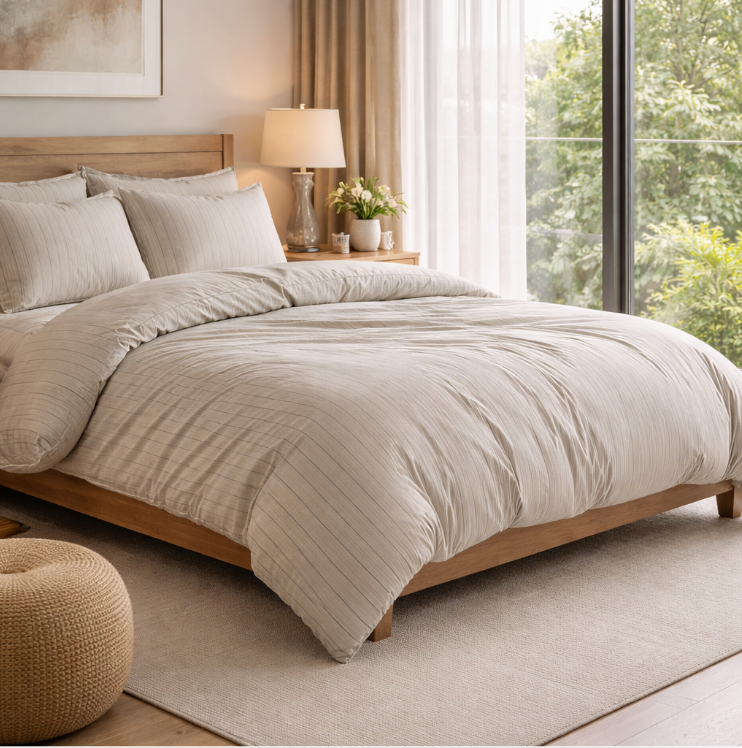 Warm Beige Striped Cotton Bedding Set/ Minimalist Pinstripe Duvet Cover Set/ Modern Neutral Bed Linen