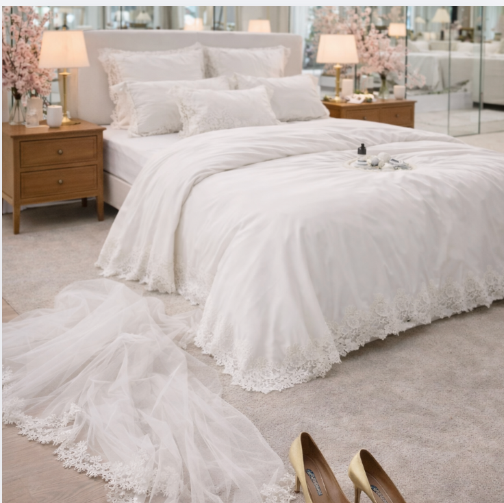 Lace Embroidered Cotton Bedding Set/ Duvet Cover, Pillowcases & Flat Sheet