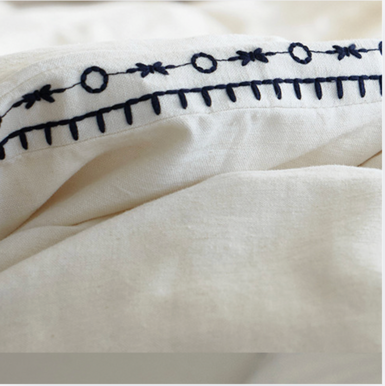 Minimalist Embroidered Cotton Linen Bedding Set – Soft Luxury White Bedding