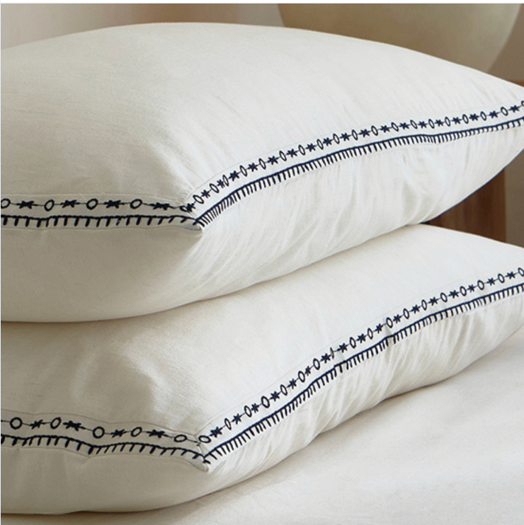 Minimalist Embroidered Cotton Linen Bedding Set – Soft Luxury White Bedding