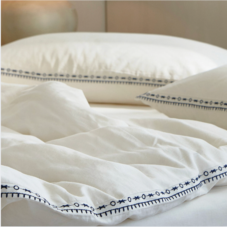 Minimalist Embroidered Cotton Linen Bedding Set – Soft Luxury White Bedding