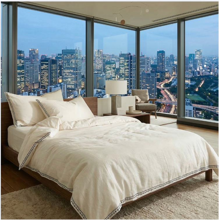 Minimalist Embroidered Cotton Linen Bedding Set – Soft Luxury White Bedding