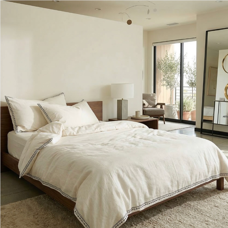 Minimalist Embroidered Cotton Linen Bedding Set – Soft Luxury White Bedding