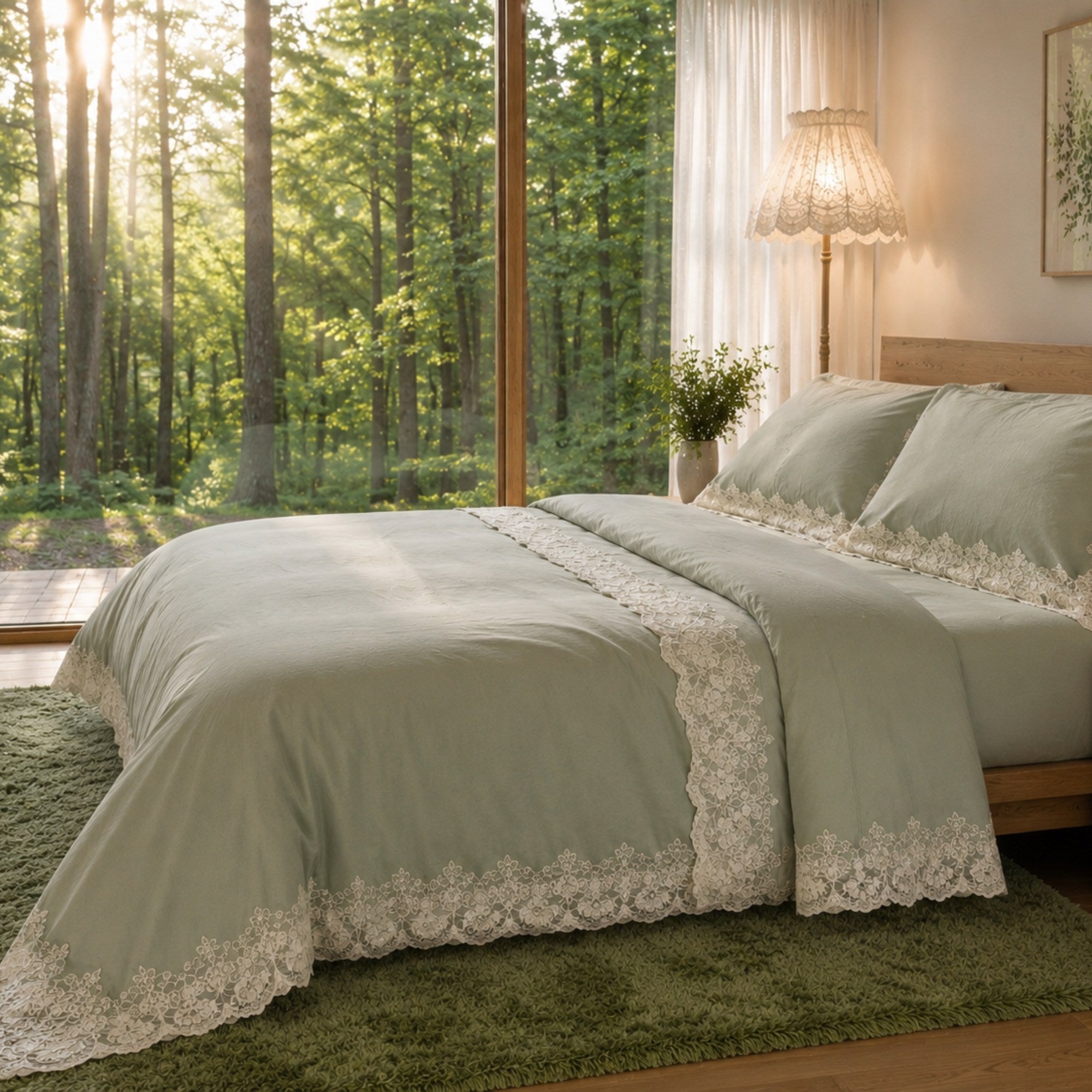 Lace Embroidered Cotton Bedding Set/ Duvet Cover, Pillowcases & Flat/ Fitted Sheet