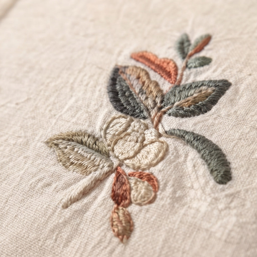 Close-up of a delicate floral embroidery on textured cream linen fabric, featuring muted green, terracotta, and beige thread details.