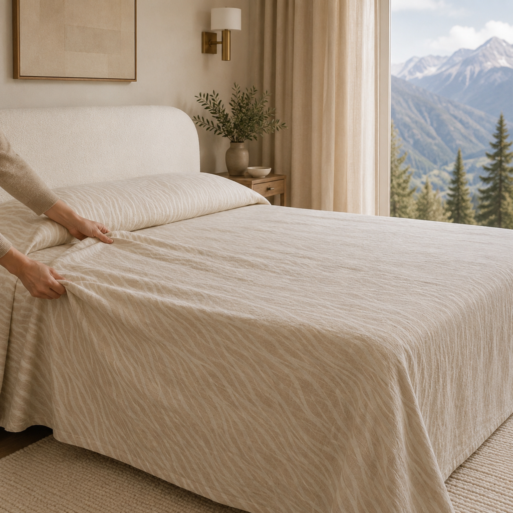 Minimalist Beige Throw Blanket - Soft Textured Cotton Linen Coverlet
