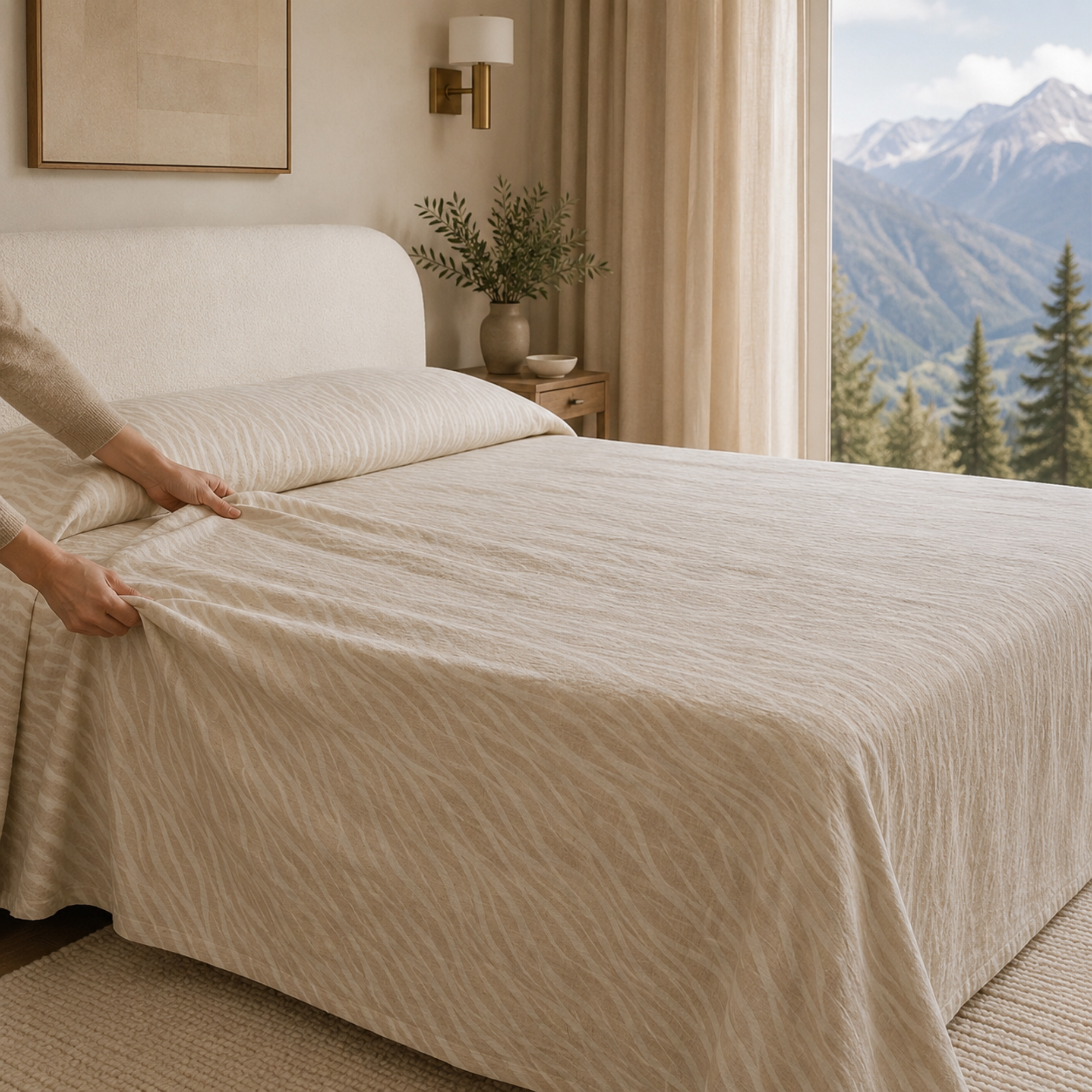 Minimalist Beige Throw Blanket - Soft Textured Cotton Linen Coverlet